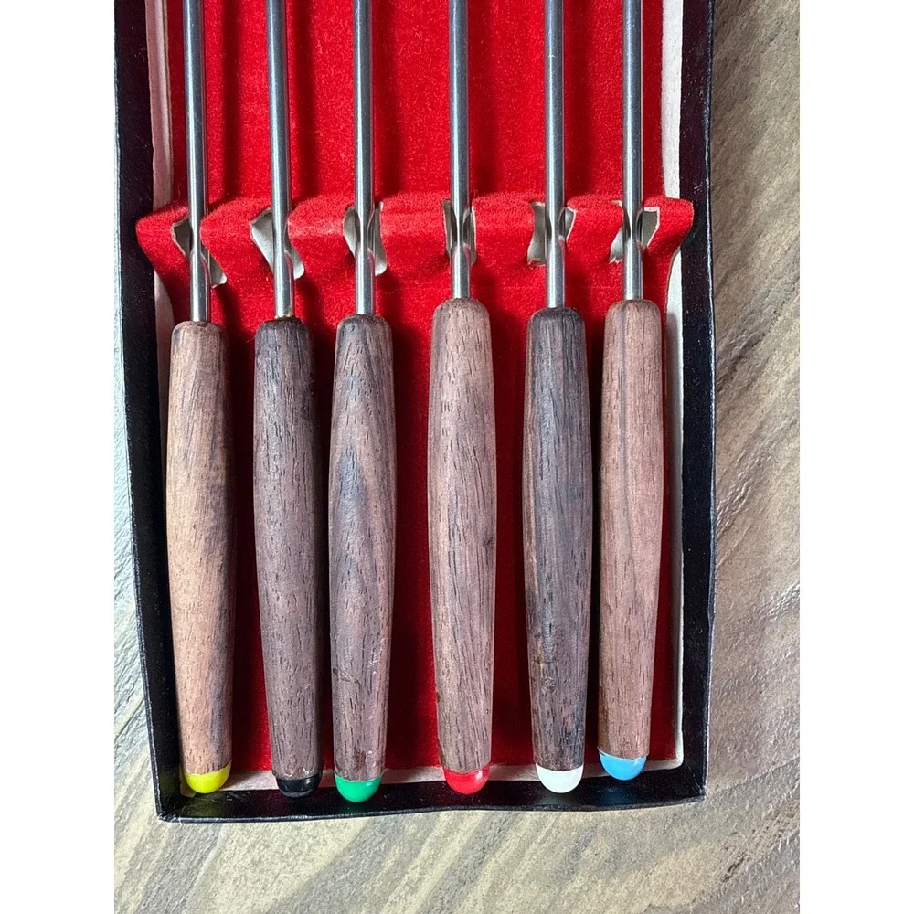 Hankyu Fondue Fork Set of 6 Mid Century Modern Japan 152 Brown Stainless Steel